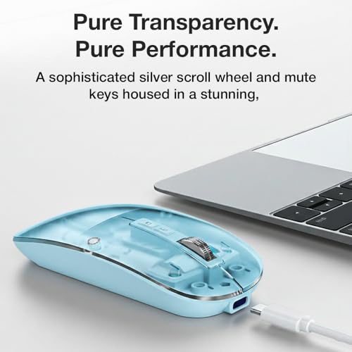 Image of Glassology Transparent 2.4GHz Wireless + Bluetooth Mouse, Multi-Device Dual Mode Slim Rechargeable Silent Click Buttons Wireless BT Mouse, Adjustable DPI 800-1200-1600 Blue