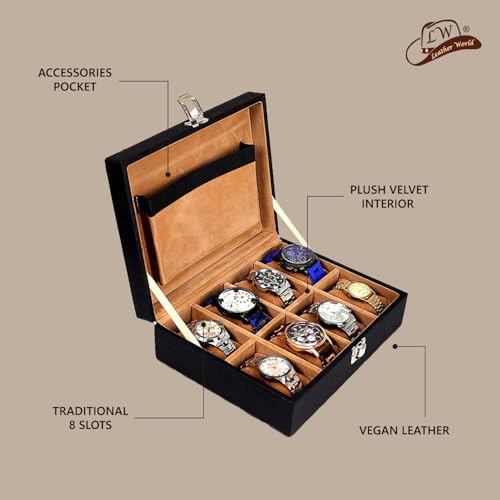 Image of Leather World Faux Leather Watch Box Organizer - Watch Case Box For Men & Women - Wrist Watch Box Holder 8 Slots - Removable Watch Pillows Display Case - Gift for Loved Ones - Black