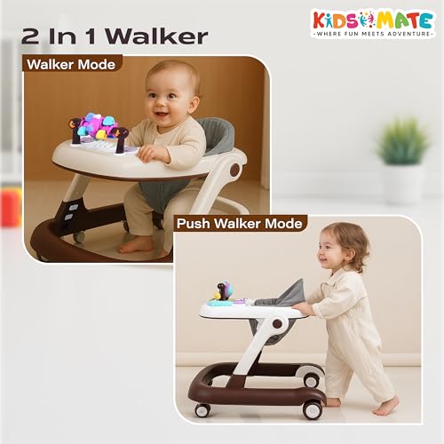 Image of Kidsmate Convertible 2-in-1 Baby Walkers for 6 to 18 Months with Activity Push Mode | Walker for Kids with Musical Toy Tray, Adjustable Height & Cushioned Seat | Safe, Foldable Design - White