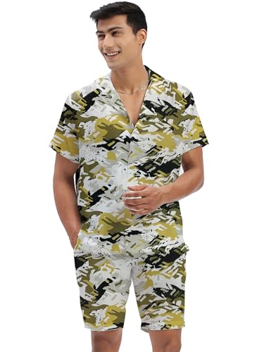 Image of Amazon Brand - Anarva Mens Camouflage Printed Co-ord Set | Half Sleeve Shirt and Shorts Set | Casual Summer Outfit for Beach, Travel, Vacation -