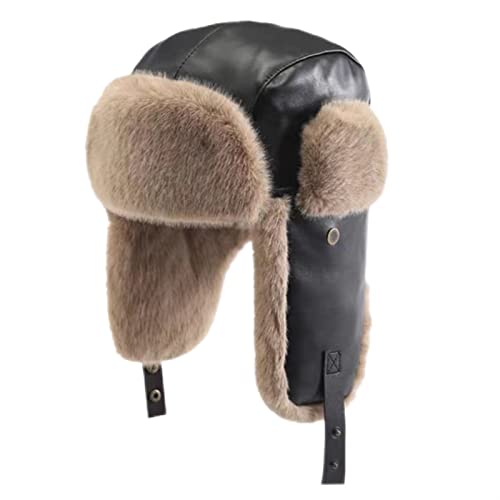 GIBZ Fliegermütze für Damen Plüsch Wintermütze mit Ohrenschutz Winddicht Leder Russisch Trappermütze, Schwarz Cover