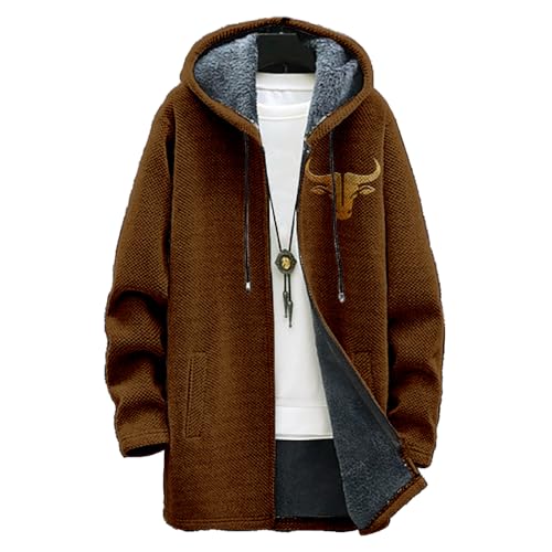 MARSVOVO Aztec Hoodie Cardigan Men Heavyweight Cotton Fleece Jacket Zip Up Warm Long Sleeve Hooded Winter Midi Coat
