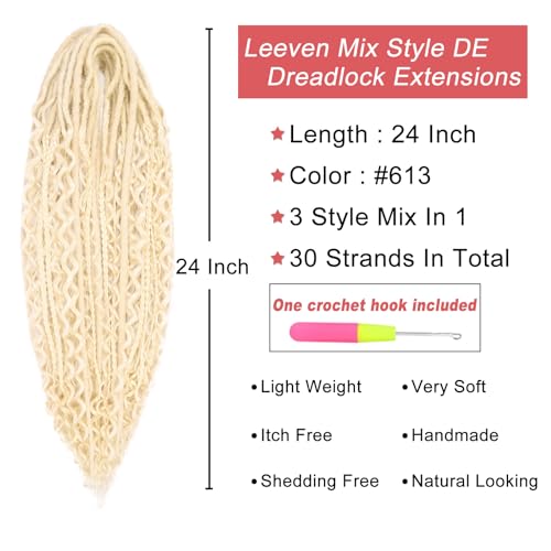 Leeven Synthetic Dreadlock Extensions Double Ended 24 Inch 30 Strands Boho Dreads 613 Blonde 3 Style Mixed Wavy Curly DE Dreads Braid in Full Set Dread for Women Girl