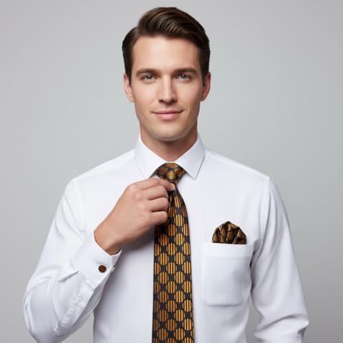 Image of 5PCS Mens Silk Tie, Pocket Square, Cufflinks, Drilled Tie Ring and Lapel Pin Set for Wedding Groom Party