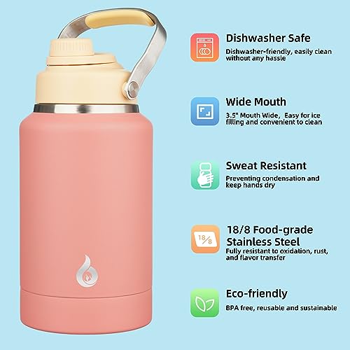 Image of BJPKPK 64oz Insulated Water Bottles, Dishwasher Safe Half gallon Water Bottle with Metal Handle, BPA Free Spout Lid & Detachable Bowl, Large Stainless Steel Jugs, Pink