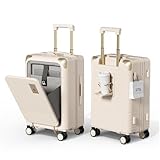 DTA Nova Top Opening Expandable Lightweight PC Hard Shell Suitcase, 20 Inch Carry On Luggage with TSA Lock, 360 Silent Spinner Wheels, Cup Holder, Ideal for Business Travel (Beige, Carry-On 20-Inch)