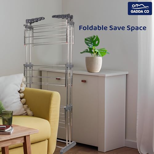 Image of GADDA CO Stainless Steel Double Pole 3 Layer Cloth Drying Stand with Hanger |Heavy Duty Rust-Proof Steel Clothes Drying Rack | Foldable Laundry Stand for Indoor & Outdoor Use | Grey -71 x 31 x 17 Inch