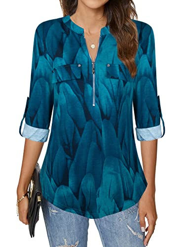 Image of Bulotus 3 /4 Length Sleeve Womens Striped Tops Zipper V Neck Collared Blouses Business Casual Tunics 2026 Spring Trendy