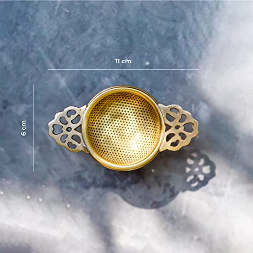 Image of NION Premium Brass Tea Strainer Gold with Drip Bowl | Perfect for Steeping Loose Leaf Tea Infuser Strainer Teapot | Solid Brass Drip Bowl