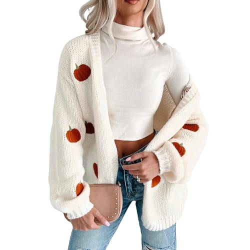 Women Cute Pumpkin Embroidery Cardigan Sweater V Neck Open Front Loose Casual Knit Cardigan Coats Cozy Holiday Sweater2