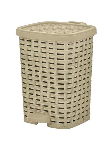 Image of Small Outdoor Trash Can with Lid for Dog-Poop 1.5 Gallon /6 L Mini Plastic Garbage Can with Foot Pedal for Bathroom, Bedroom, Office, Patio, Wicker Beige