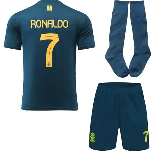 metekoc NASSR Riyadh Al 2023/2024 Auswärts Ronaldo #7 Football Fußball Kinder Trikot Shorts Socken Jugendgrößen (Auswärts,28)