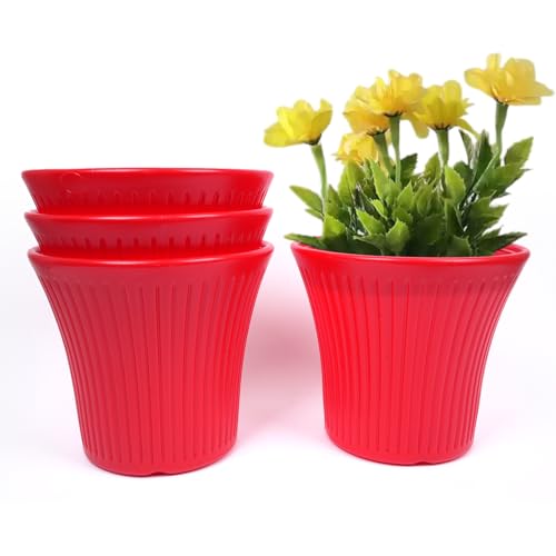 Image of GARDENS NEED 12 Inches Tancy Round Flower Pot | Set of 4 | Red | Plastic Planter Pots for Indoor & Outdoor Home, Office & Balcony Decoration