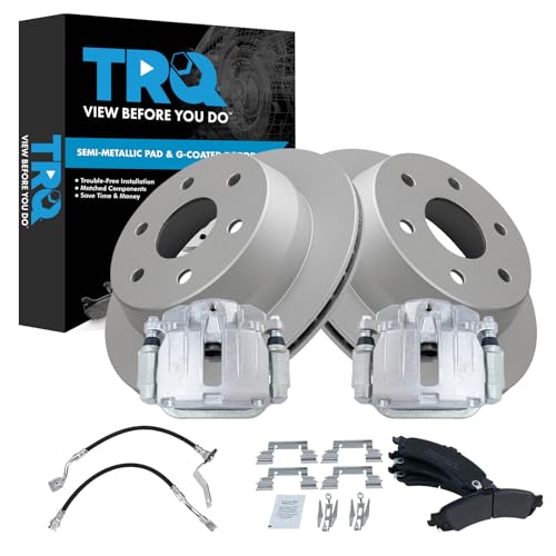 Image of TRQ Rear Brake Pad and Rotor Set Semi Metallic Coated Rotors Calipers Compatible with 2002 GMC Sierra 1500