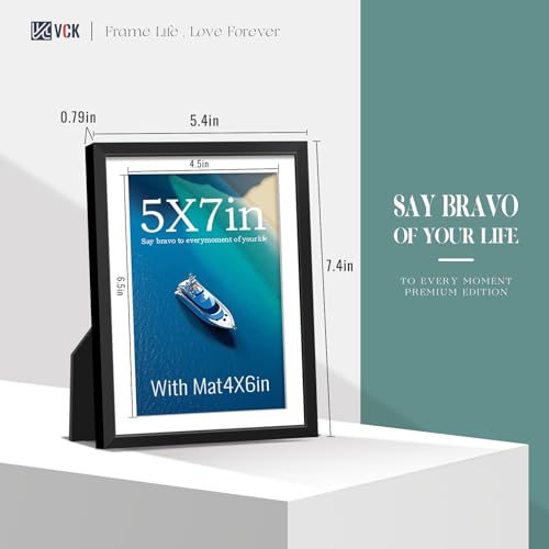 Image of VCK 5x7 Picture Frame Black Metal, Real Glass, 4x6 Mat, for Portrait