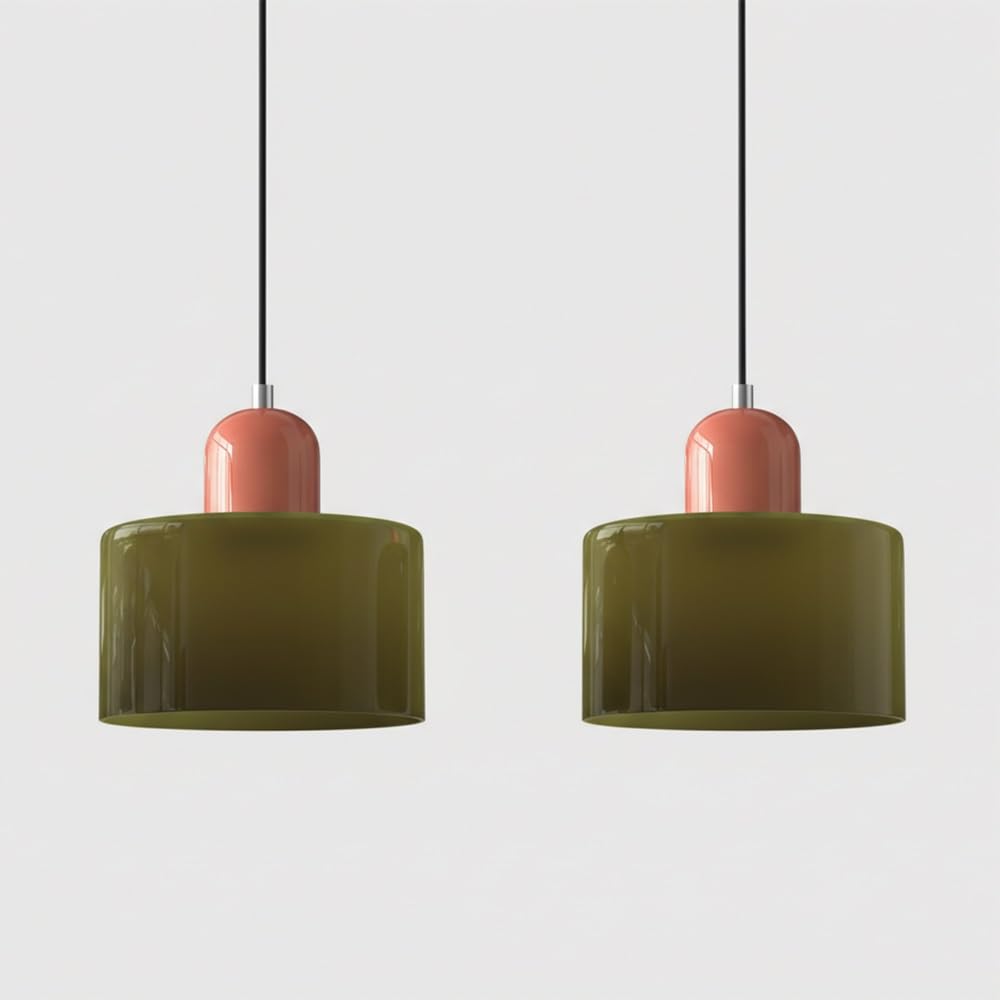 Pendant Lights Fixture Nordic Glass Pendant Lamp Cylindrical Hanging Lighting Adjustable Modern Lamp for Kitchen Island Bedroom Bedside(Green(Pink) 2 Pack)