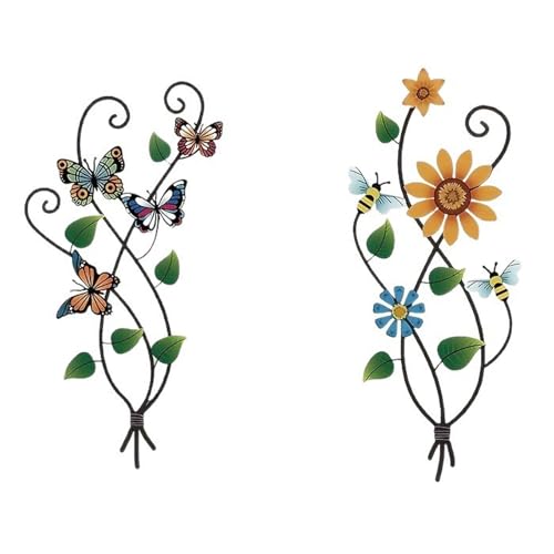 GASGYAI 2 Pcs Décoration Murale de Fleur en Métal,Tournesol avec Papillons Decoration Murale Jardin Exterieur,Décorations Suspendues pour Salon Chambre...