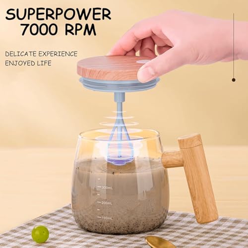 Image of Self Stirring Mug with Lid | Electric Coffee Frother Mug | Automatic Milk & Coffee Mixer with Glass Jar & Wooden Handle | USB Rechargeable | Cappuccino, Latte, Protein Shake & Hot Chocolate Maker