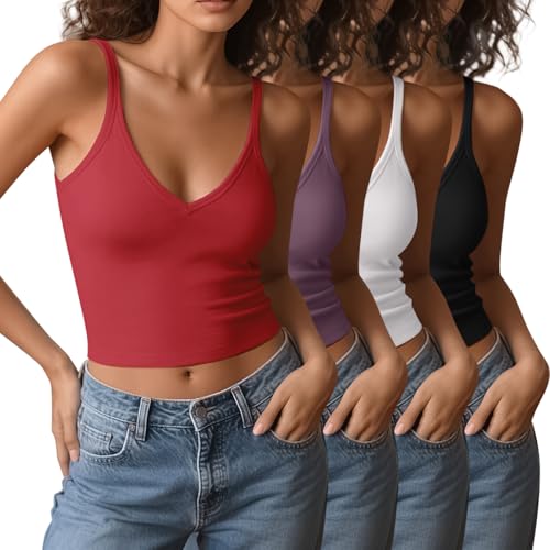 Image of 4 Pieces V Neck Tank Tops for Women Spaghetti Strap Crop Top Cotton Basic Fitted Summer Cami Shirts