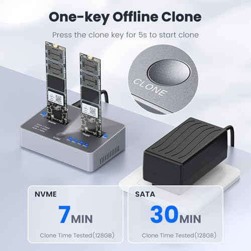 NVME to NVME, SATA to SATA SSD Cloner, ULNA DUP230 Dual-Bay Offline Clone M.2 Duplicator, USB3.2 Gen2*2 20Gbps M.2 Cloner for SSD Size 2230/2242/2260/2280/22110