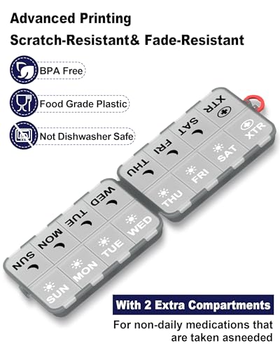 Image of Pill Organizer Travel Medicine Organizer - Weekly Pill Organizer with 2 Extra Compartments, Clear Printed Labels, AM PM Pill Dispenser