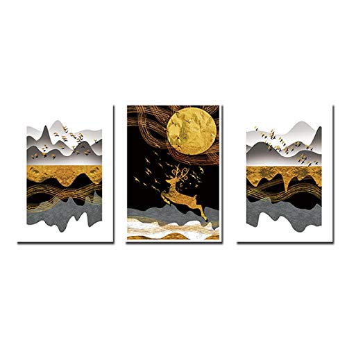 Tableau abstrait cerf doré pour habiller un grand mur vide triptyque salon scandinave