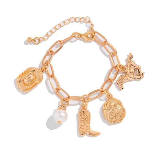 Cowboy Boot Hat Charm Bracelet for Women Men Retro Western Cowgirl Irregular Pearl Coin Horse Dainty Boho Paperclip Chain Link Bracelets Vintage Country Rodeo Outfit Holiday Party Fashion Jewelry Gift