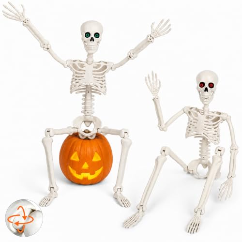 daboot Lot de 2 squelettes de décoration d'Halloween avec yeux, articulations mobiles et mâchoire, pour intérieur et extérieur, cour, porche, fête, maison hantée, décoration de cimetière - 90 cm