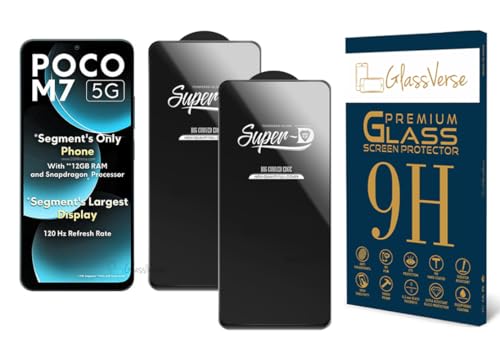 Image of GlassVerse 9H Gorilla Tempered Glass for Poco M7 | HD Clarity Screen Protector, Ultra Strong 9H Protection, Edge to Edge, Case Friendly, Hassle-less Installation Kit Included. (Pack of 2)