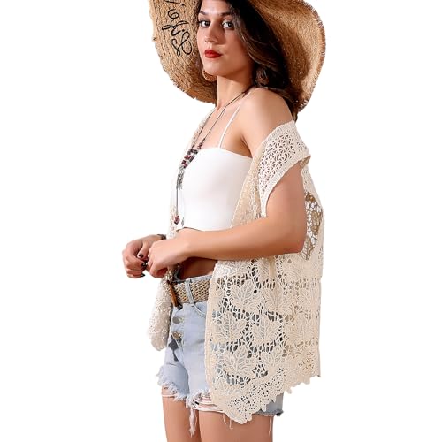 Image of Women's Crochet Floral Boho Lace Trim Sleeveless Kimono Open Front Vest Cardigan