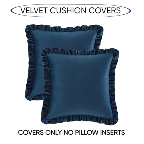 Image of Velvet Blue 20x20 Pillow Covers, Set of 2 Decorative Ruffle Cushoin Pillow Covers for Sofa Couch