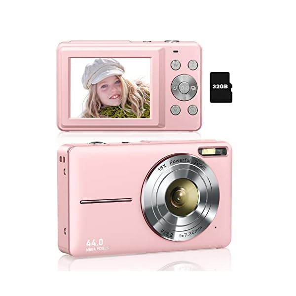 Digital-Camera-Lecran-Kids-Camera-with-32GB-Card-2-Rechargeable-Batteries-FHD-1080P-44MP-Point-and-Shoot-Cameras-16X-Zoom-Compact-Small-Vlogging-Gift-Camera-for-Kids-Children-Teens-Girl-BoyPink