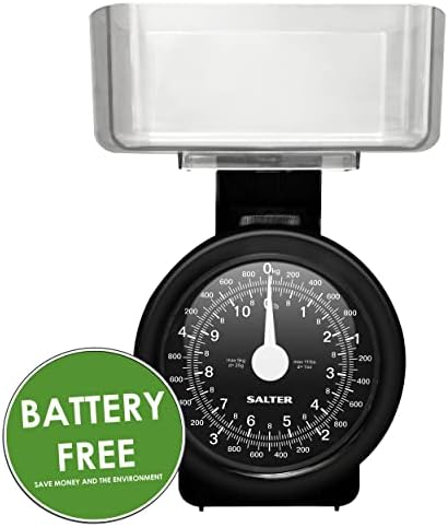 Salter 114 BKCLDR Mechanical Kitchen Scale, Compact, 5 Kg Max Capacity, Dishwasher Safe Bowl, Easy Clean, Scale Fits Inside Pan, Dust-Free Storage, Metric/Imperial, Large Dial, Black