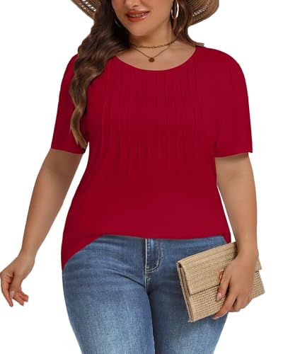 Image of Plus Size Tops for Women Pleated Summer Top Trendy Short Sleeve Shirts Casual Basic Tee Crew Neck Blouses 2026