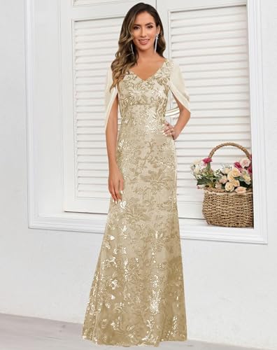 VCCICANY Sequin Mermaid Mother of The Bride Dresses for Women V Neck Long Evening Formal Gown with Cape Sleeves4