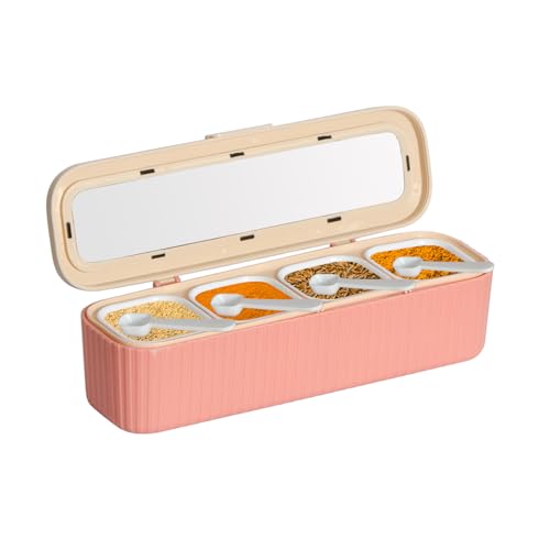 WANGSHIQI Clear Seasoning Box, 4 Packs Seasoning Rack Spice Pots, Condiment Jars Seasoning Box with Clear Covers and Spoons for Spice, Sugar, Salt, Pepper, Garlic Powder (Pink)