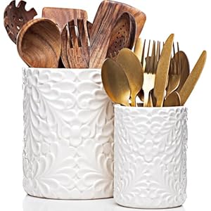 Large 7.3″+5.4″ Engraved Ceramic Utensil Holder for Countertop, Cooking Utensils Organizer for Spatula, Large Utensils Crock for Kitchen Counter, Kitchen Decor, set of 2, White