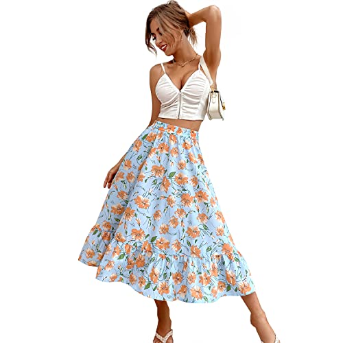 Katiewens Women Leopard Print High Waist Midi Skirt Floral Ruffle Hem Pleated Maxi Skirts Elastic Long Skirt #TOP4