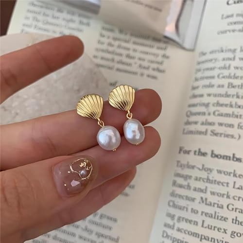 S925 Sterling Silver Seashell Pearl Drop Earrings for Women, Baroque Pearl Seashell Dangle Earrings, Cute Shell Earrings Studs, Shell Drop Earrings3