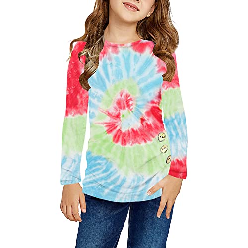Girls Tie Dyed Tunic Tops Kids Long Sleeve Knot Front Button Casual Loose Pullover Blouse T-Shirt Tee(Red,6-7 Years)