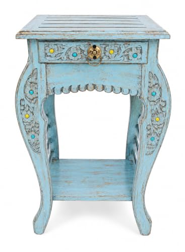 Image of Multipurpose Table Outdoor Indoor Stool Flower Vase Stool with One Drawer Material Mango Wood Size 30.5CM x 30.5CM x 53.3CM (Lite Blue Antique)