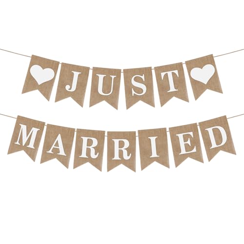 Just Married Girlande,Deko Hochzeit Girlande,Vintage Wimpelkette,Just Married Auto Deko Hochzeit Banner für Wedding Brautdusche Hochzeitszeremonie(Leinen)