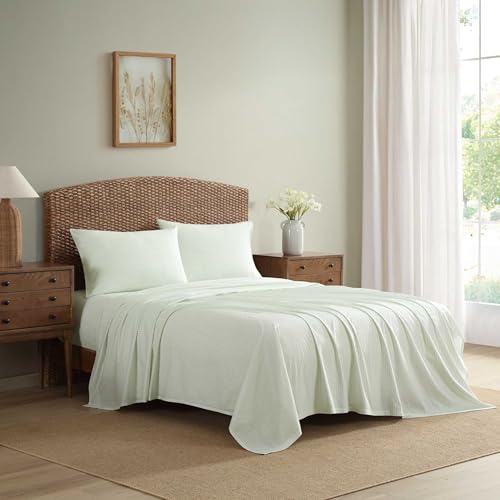 Image of Laura Ashley - King Sheet Set, Crisp & Cool Cotton Percale Bed Sheets, Deep Pockets, Striped Bedding with Matching Fitted Sheet & Pillowcases (Bedford Skinny Stripe Green)