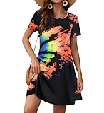Sherosa Summer Dresses for Women 2025 Vacation Short Sleeve Casual Loose Bohemian Floral Dress(XL,Black Rainbow)