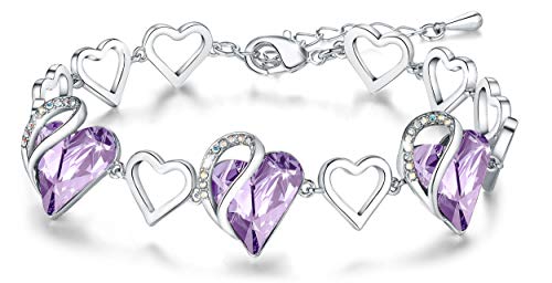 Leafael Infinity Love Heart Link Bracelet with Alexandrite Light Purple Birthstone Crystal for June, Women s Gifts, Silver-tone, 7  with 2  Extender