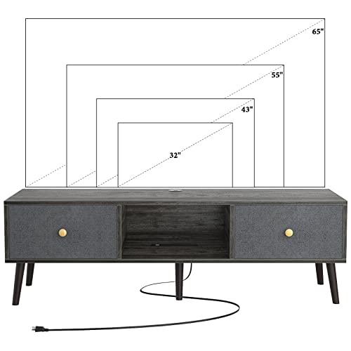 Unikito 55 Inch Tv Stand Up To 65‘’, Tv Cabinet With Power Outlet, Entertainment Center With Drawer Storage And Open Shelves, Media Console Table For Living Room Bedroom, Gray Oak Mid Century Tv Stand #TOP7