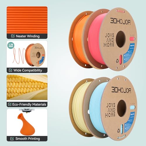 Image of 3DHoJor Matte PLA Filament 1.75mm, Upgrade 1kg*4 Bundle Cardboard Spool PLA Filament 1.75 PLA 3D Printing Filament, Print with Most 3D Printers-Strawberry red+Light Blue+Almond Yellow+Tangerine