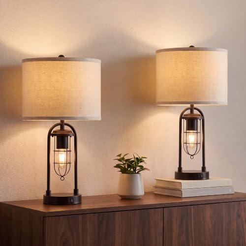 KAWOTI Set of 2 Farmhouse Table Lamps with USB Ports and Night Light Modern Nightstand Lamp for Living Room Bedroom（Bulbs Included）