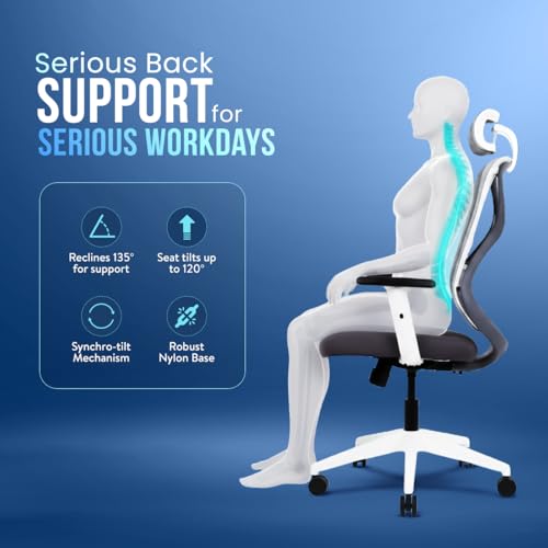 Image of IAFA FURNITURE Ergolux High Back Ergonomic Office & Study Chair | 3 Year Warranty | Adjustable Height, Tilt Lock, 2D Headrest, Adjustable Arms & Lumbar Support | Heavy Duty Nylon Base | DIY | Grey