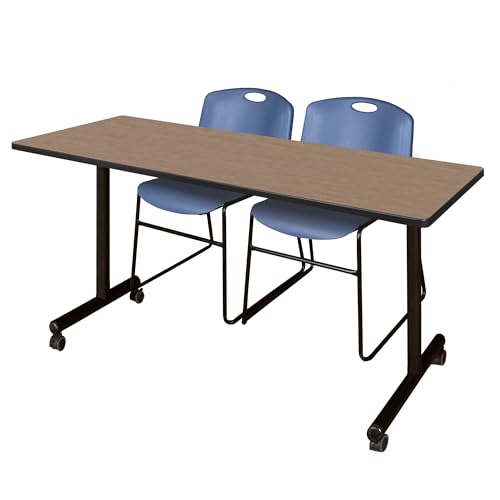 Image of Regency Kobe 60 x 24 in. Mobile T-Base Training Table- Noble Oak, 2 Zeng Stack Chairs- Blue